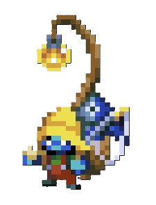 The Fishing Merchant in Core Keeper, a blue pixelated creature with a yellow rain hat and a long lantern stick above his head.