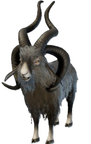 A grey and white goat with brown horns and beige eyes in Enshrouded. It's very fluffy