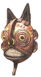 A red with lion ears and yellow accents. This shows readers what the Prowler Mask looks like.