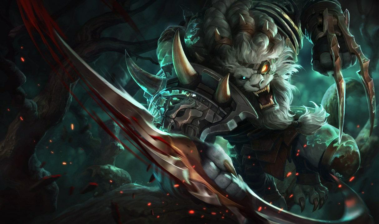Rengar, a giant white feline beast, strikes giant claws towards the camera