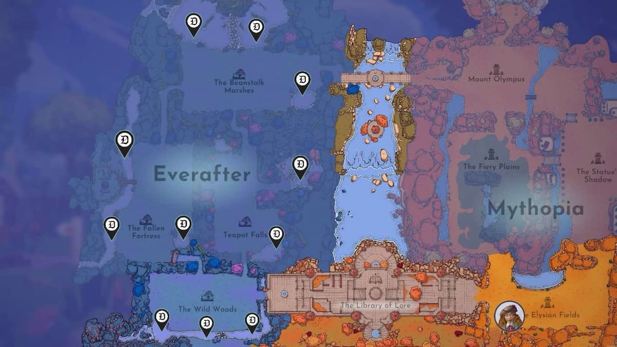 All Lamprey locations marked around Everafter on a map in Disney Dreamlight Valley.