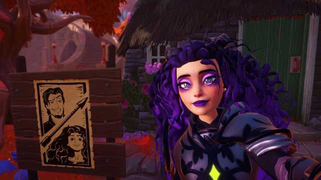 A player with purple curly hair taking a picture with an archery competition sign featuring Flynn and Merida in Disney Dreamlight Valley.