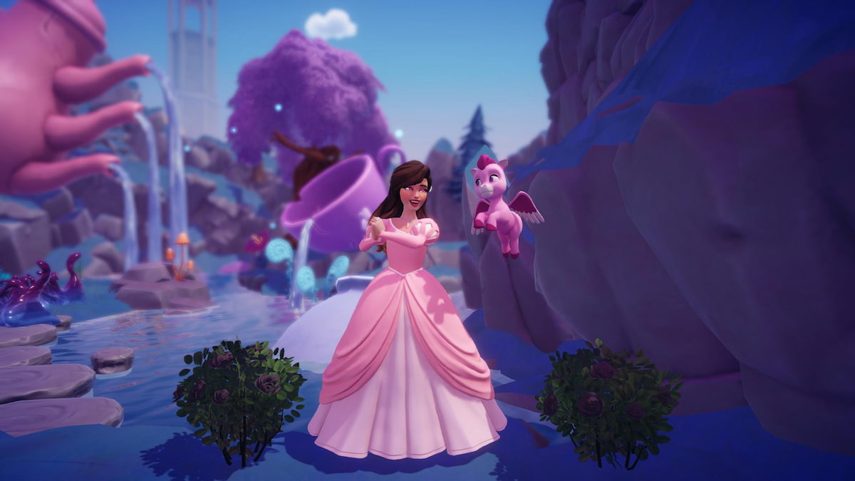A player in a pink princess dress smiling at their pink Pegasus while standing between two Slate Gray Roses in Disney Dreamlight Valley.
