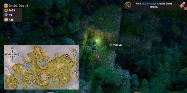 Player picking up glowing green crystal Forest Offerings in Luma Island with map.