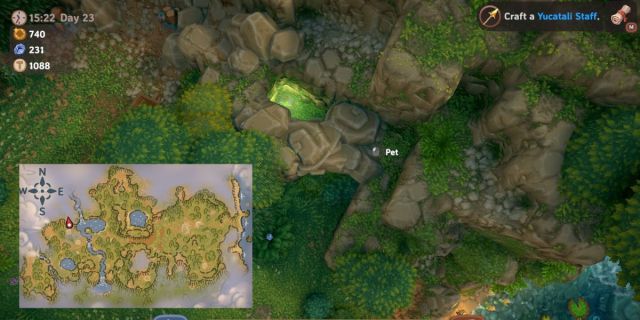 Player picking up glowing green crystal Forest Offerings in Luma Island with map.