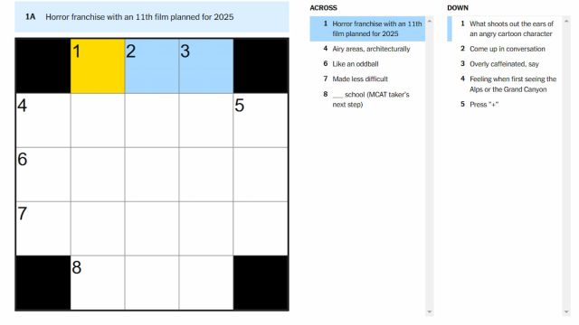 The Horror franchise with an 11th film planned for 2025 clue highlighted on the NYT Mini Crossword.