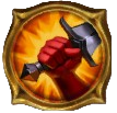 The icon for Strength in The Bazaar, showing a red hand clutching the hilt of a sword.