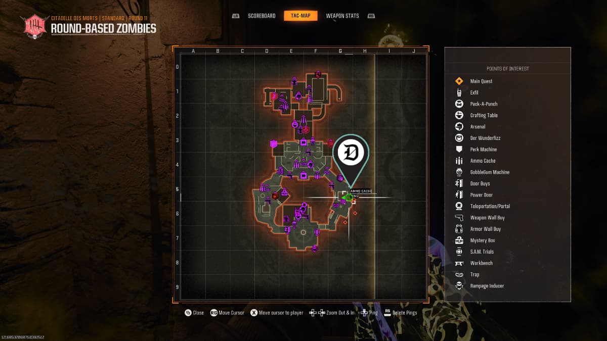 A screenshot of the Cittadelle des Morts map in Black Ops 6 with a position marked.