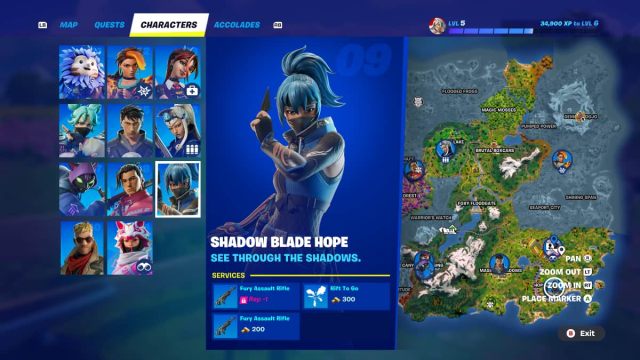The Shadow Blade Hope NPC shown on the Fortnite map alongside provided services.