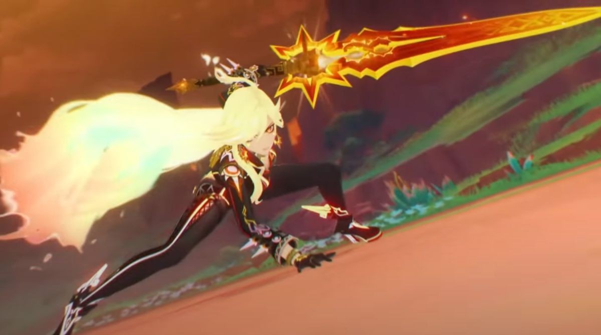 An image of Mavuika from Genshin Impact wielding her signature Claymore. This weapon is a large orange sword that has flames traveling through the inside.