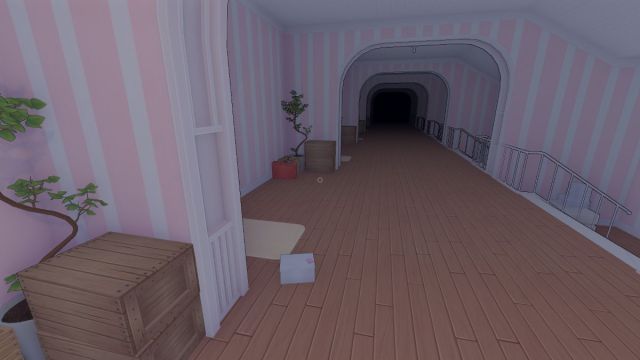 Walking down an endless hallway where the end isn't visible due to the darkness. A white box can be seen in the ground, with a Cartridge on top