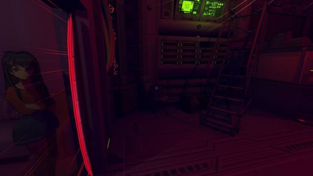 A dark shot of the inside of The Core with the mouse cursor fixed on an office chair in the left corner of the room. Mita is visible on the left-hand side of the screen, looking at the player