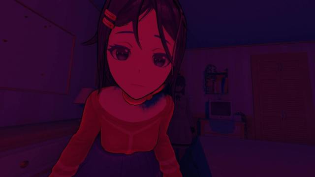Crazy Mita leaning over us, looking directly at the camera, lit by an ominous red light