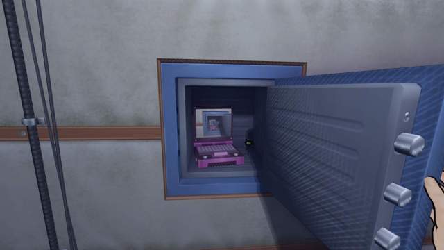 Looking at a handheld device showing our perspective on the screen inside the basement safe
