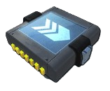 The Sniper Module II, a dark grey square with a blue square on top of it and arrows pointing to the right