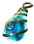 A blue tear drop-shaped bottle from Palworld with a gold spiral accent wrapping around it. This is the Stout Fruit item from Palworld.