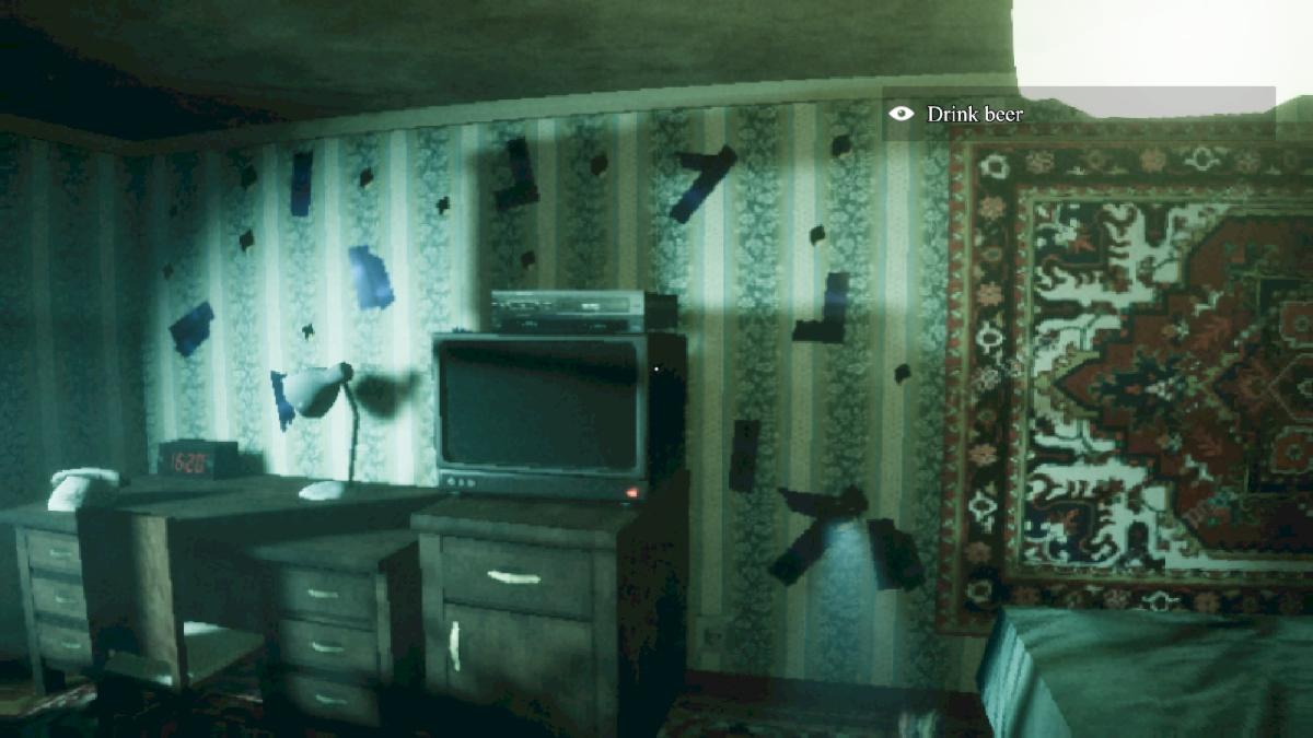 A television set with holes covered up by tape all over the walls, inside the bedroom of The Hole