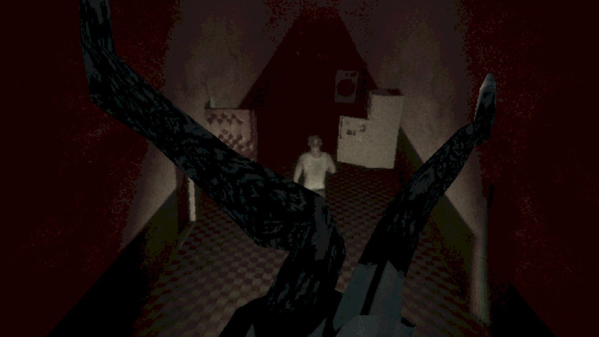 Man running down corridor, away from two giant legs wearing stocking, chasing him