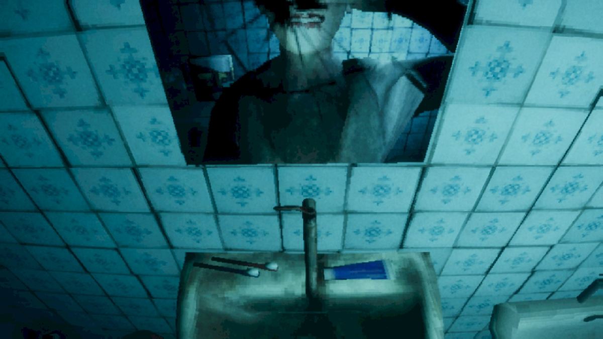 A shot of a cracked mirror and a sink, with The Hole character holding a weapon to his head