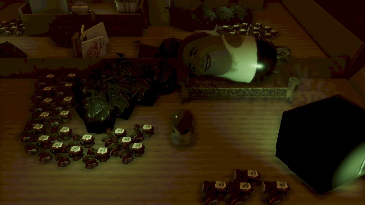A small russian doll looking at her father russian doll on the couch smiling at her, with empty beer cans all over the floor