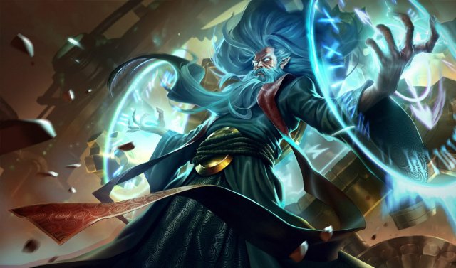 zilean in league of legends. He is an older man with a clock-like blue effect in the background.