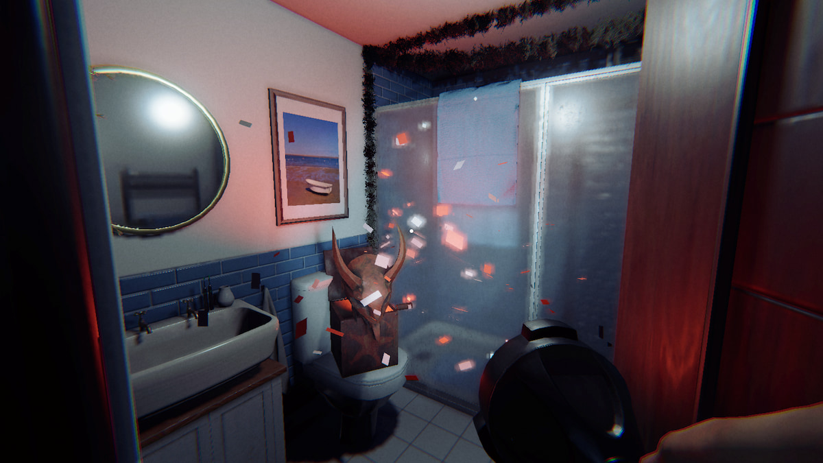 a krampus box on a toilet in a bathroom in phasmophobia. 