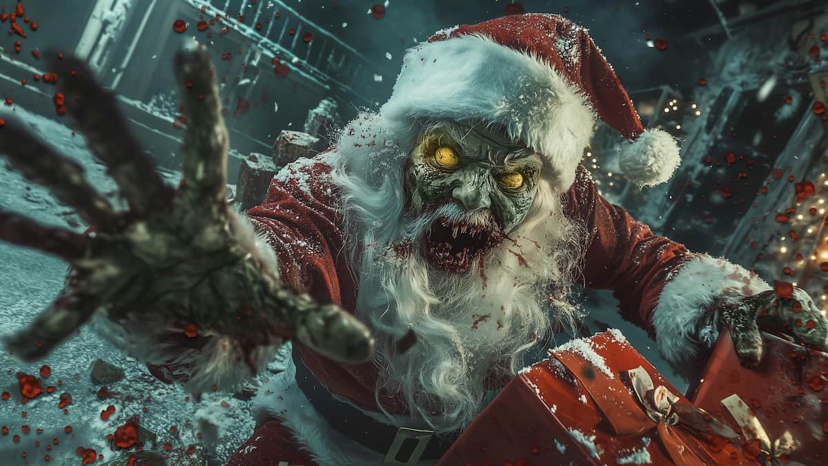 Necroclaus BO6 loading screen, a zombie in a Santa outfit stretching its hand towards the camera.