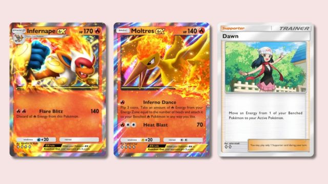 Infernape ex, Moltres ex, and Dawn Pokemon TCG Pocket cards on a plain background.