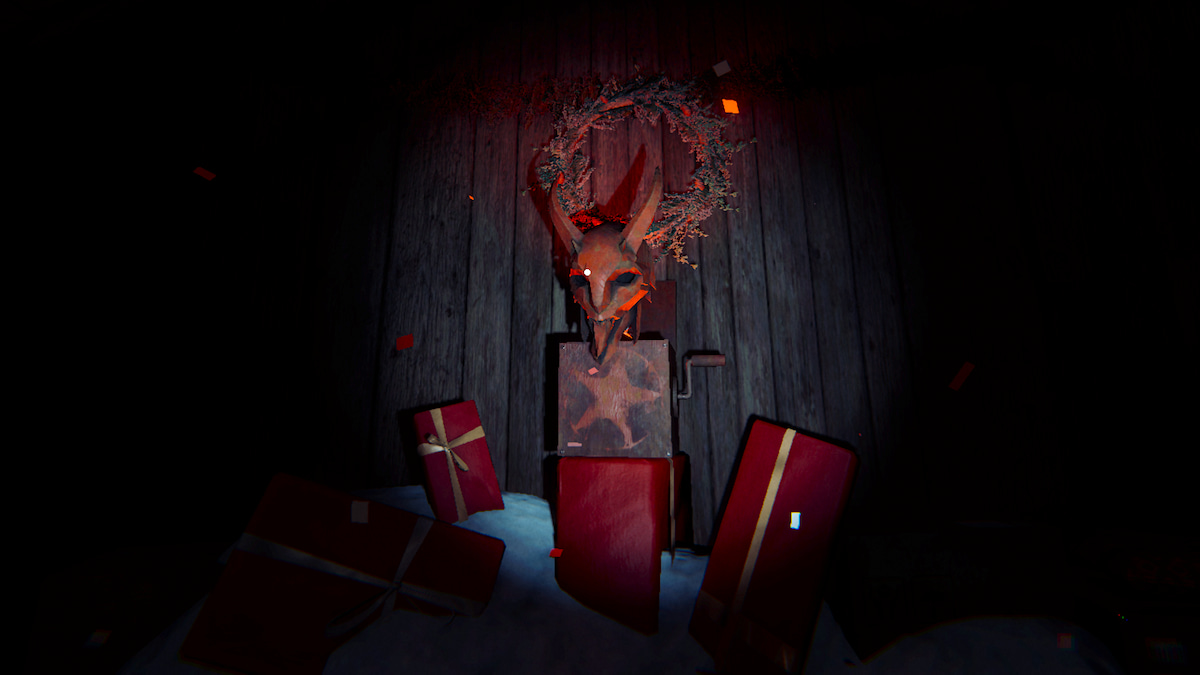 A red krampus box sitting on a stack of red presents in snow popping open in Phasmophobia.