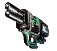 a green and black plasma weapon from Palworld. It has two barrels