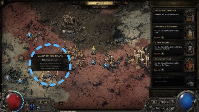 Map with a blue circle around it showing the location of the A Crown of Stone quest location in Path of Exile 2.