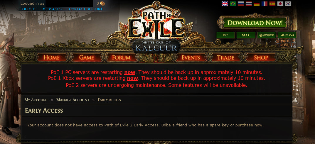 The official PoE website saying the account has no early access key.