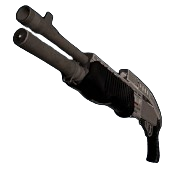 A two-barreled shotgun that is dark grey in color