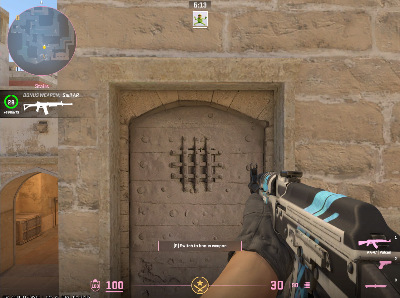 The couch viewmodel in CS2 on mirage with an ak47 pointed at a door