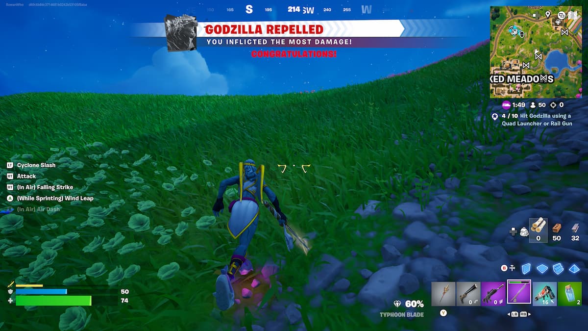 player running through grass after dealing most damage to godzilla
