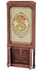 A wooden panel of a room divider. A large snake design takes up the top half. This is one of the four Room Dividers from Enshrouded.