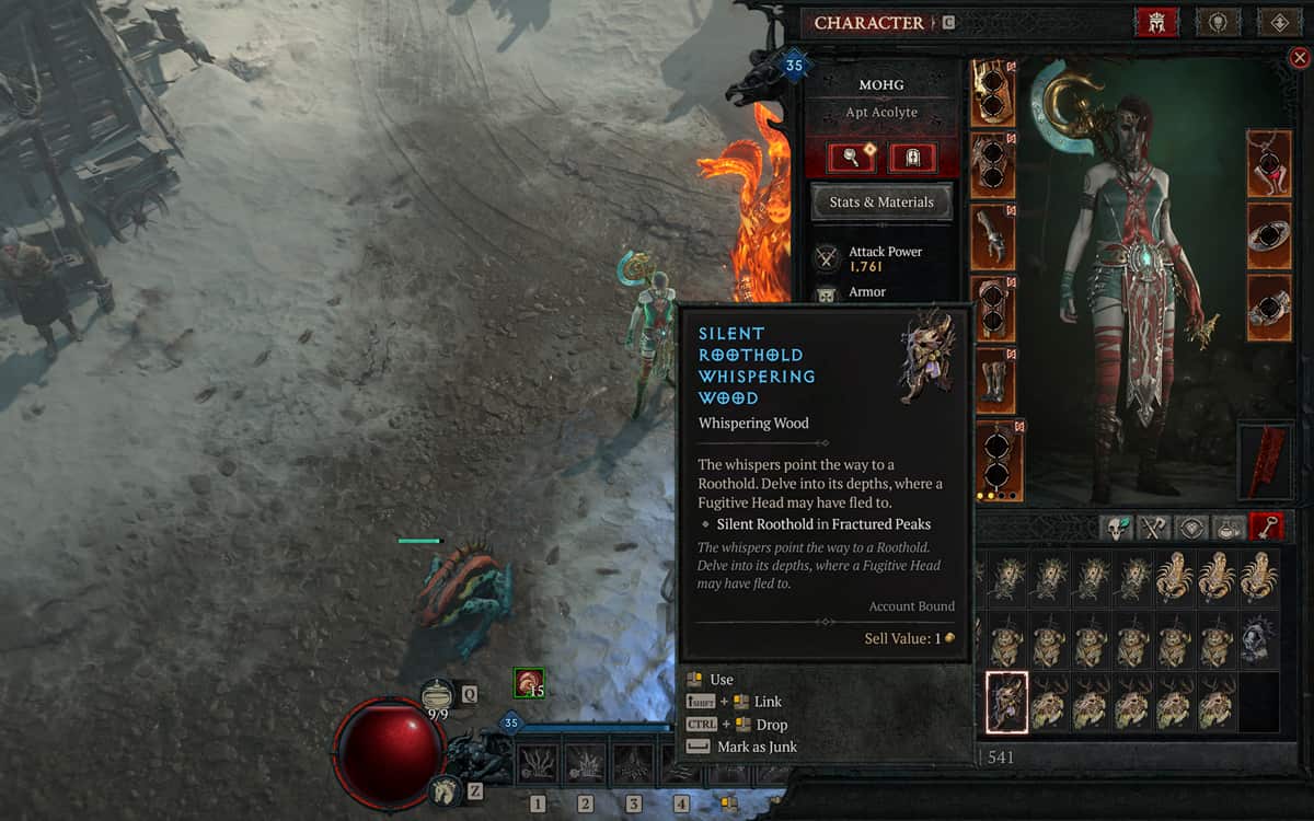 Diablo 4 Necromancer showcasing the Whispering Wood dungeon key while standing on a snowy field