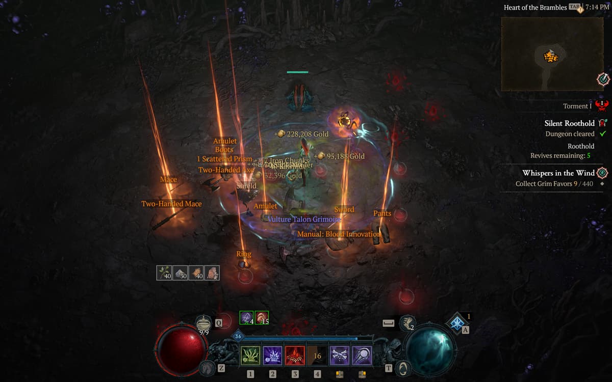 Diablo 4 Rootholds showcasing a variety of different rewards dropped on the ground while the main character is inside a cave