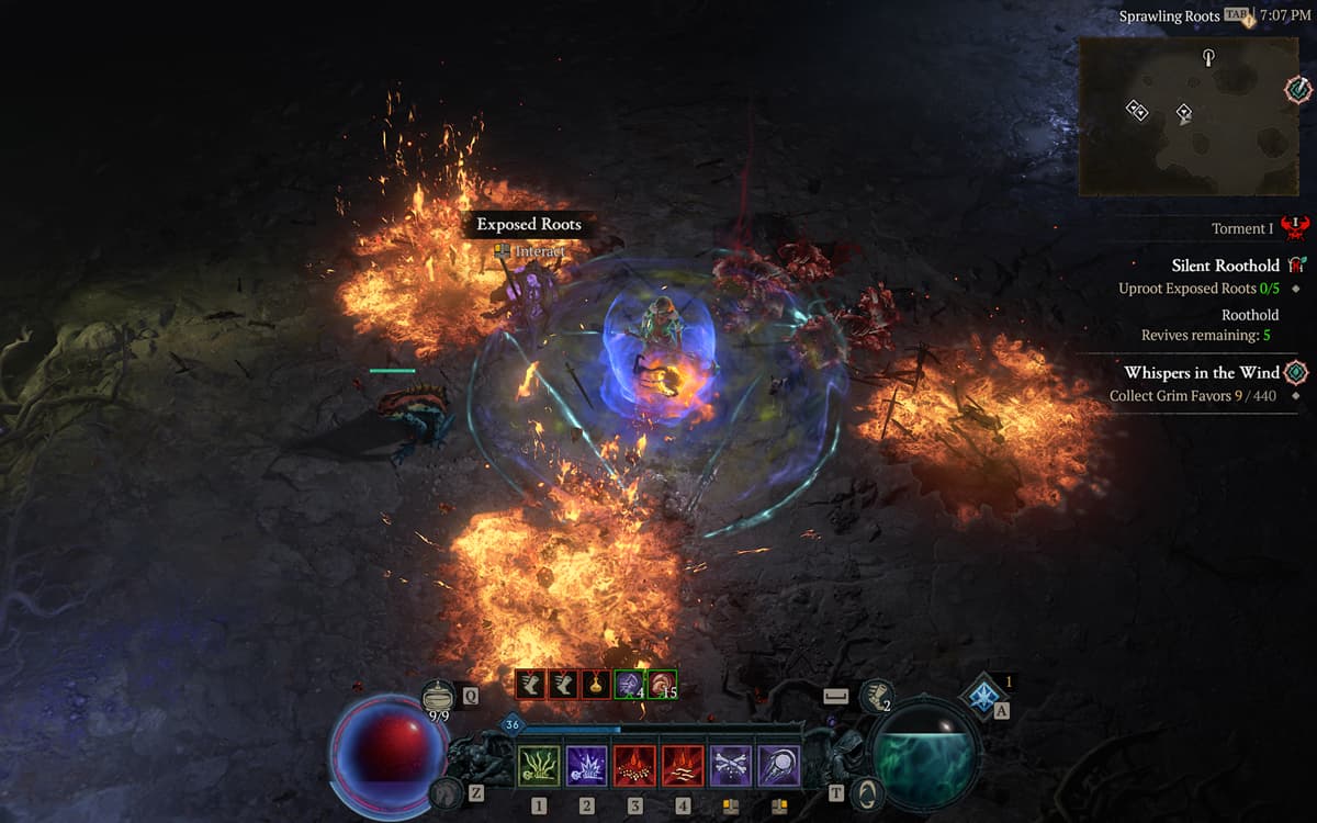 Diablo 4 Rootholds showcasing Exposed Roots on the ground with flames around it while the main character is inside a cave