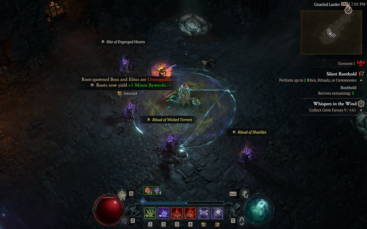 Diablo 4 Rootholds showcasing the entry point and four modifiers while the main character is inside a cave