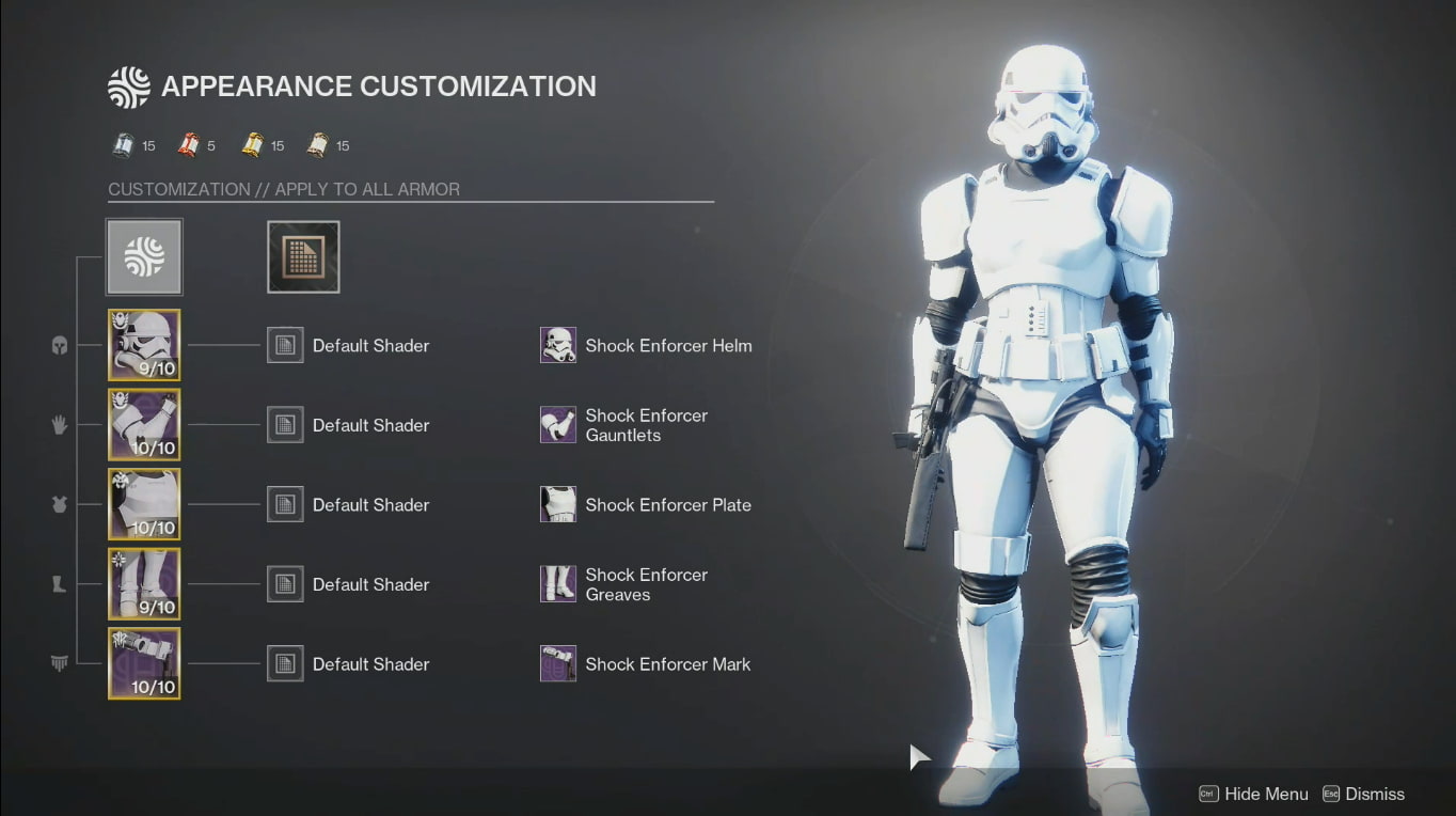 A Titan dressed as a Stormtrooper using outfits from the D2–Star Wars collab.