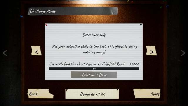 The Detectives Only challenge description reading "Put your detective skills to the test, this ghost is giving nothing away!" in Phasmophobia.