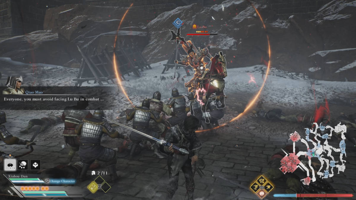 A battle scene with one warrior on a horse in Dynasty Warriors Origins.