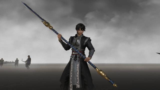 Dynasty Warriors Origins weapon tier list: the nameless protagonist stands with a crescent blade in a cloudy void filled with enemies.