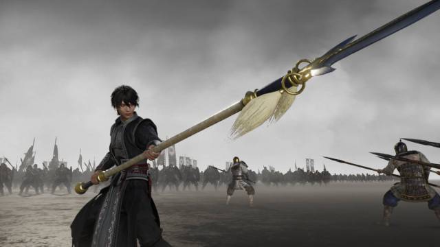 Dynasty Warriors Origins weapon tier list: the nameless protagonist stands with a spear in a cloudy void filled with enemies.
