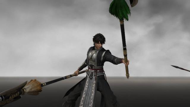 Dynasty Warriors Origins weapon tier list: the nameless protagonist stands with twin pikes in a cloudy void.