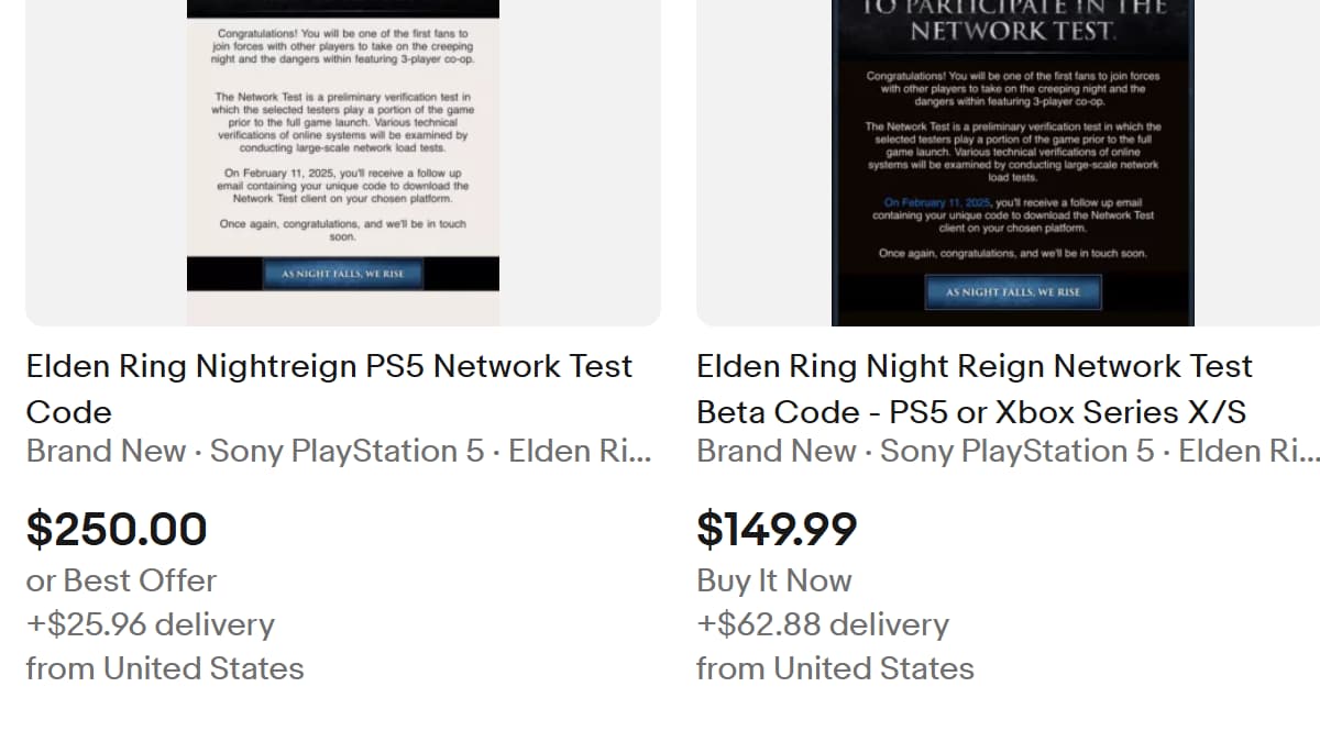Supposed access codes for the Elden Ring Nightreign network test listed on ebay for absurd prices.