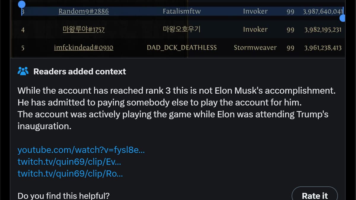 A community note on X stating that Elon Musk played no part in leveling his own Path of Exile 2 character and that it was active while the businessman was away from home.