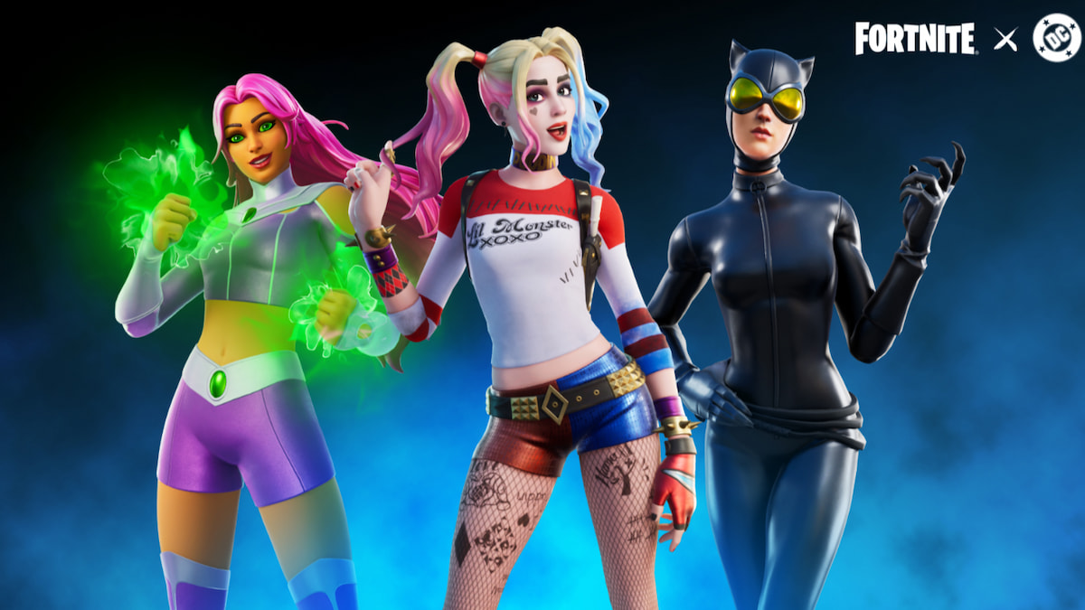 Starfire, Harley Quinn, and Catwoman standing together in Fortnite.