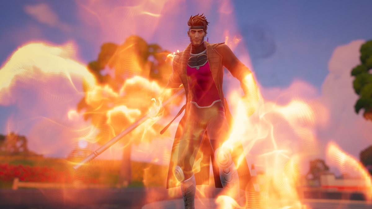 Gambit running through fire in Fortnite.